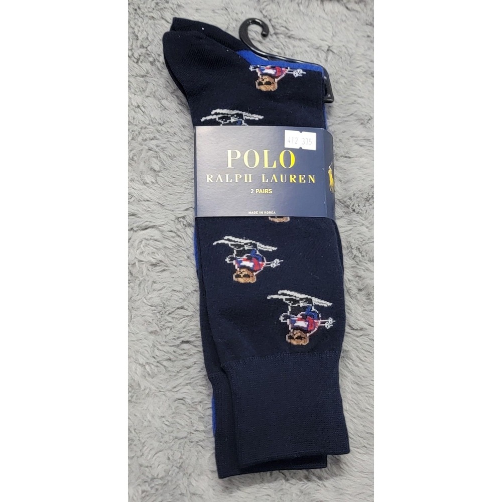 Polo Ralph Lauren Socks Mens 10-13 Navy Blue Suicide Ski Polo Bear Crew 2 Pack